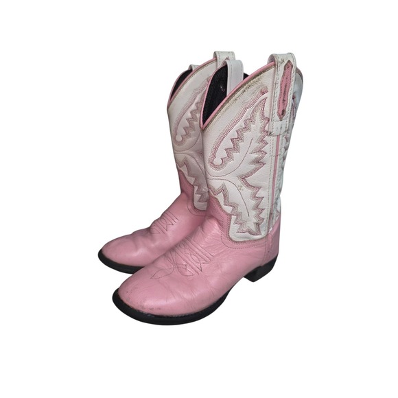 Old West Girls Cowgirl Boots Pink Amd White Pointsd Toe Size 1 Very Good - Picture 1 of 7